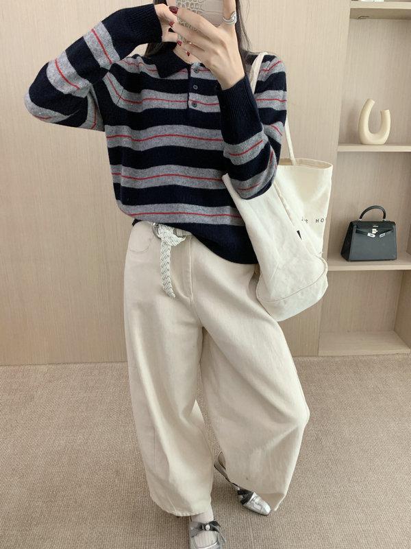 Autumn-Winter Wool Polo Collar Striped Sweater for Women