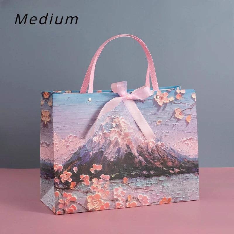 Snow Mountain Cherry Blossom Gift Bag, Exquisite Cosmetics Handbag, Bow Packaging Shopping Bag