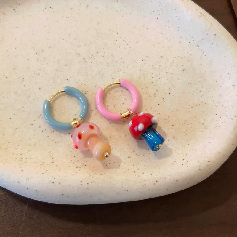 Asymmetrical dripping mushroom pendant ear buckle dopamine sweet small fresh earrings niche high-end earrings