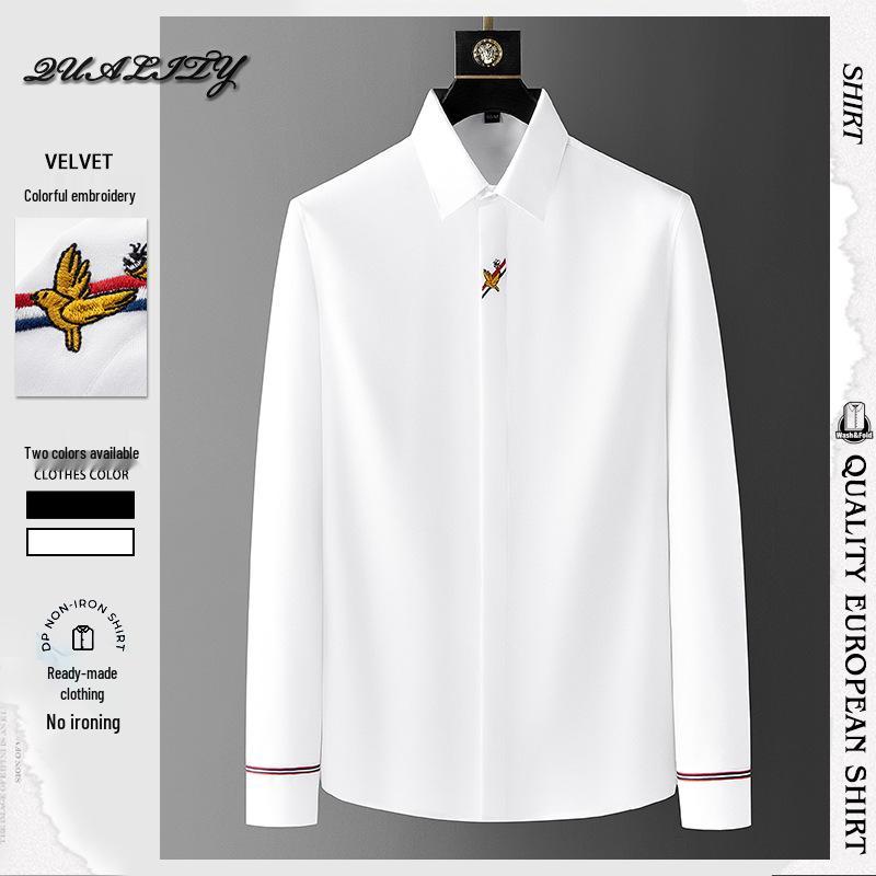 

2025 Men s Spring Long Sleeve Embroidered Slim Fit Iron-Free Shirt M білий