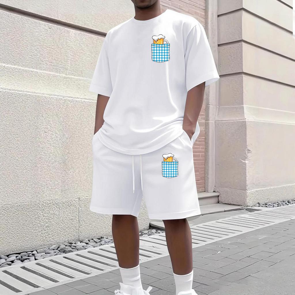 Herren Casual Kurzarm T-Shirt und Shorts Set Rundhalsausschnitt Oberteil und Bund mit Kordelzug Unterteil mit Taschen detail Geeignet für den täglichen Gebrauch