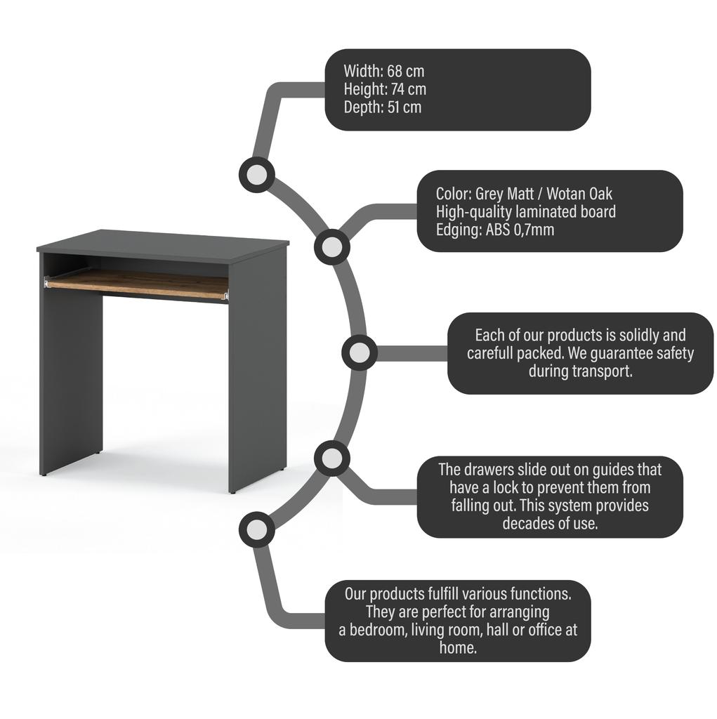 Small Computer Desk Gray Oak Wotan 68cm 1 Shelf Gaming Furniture School