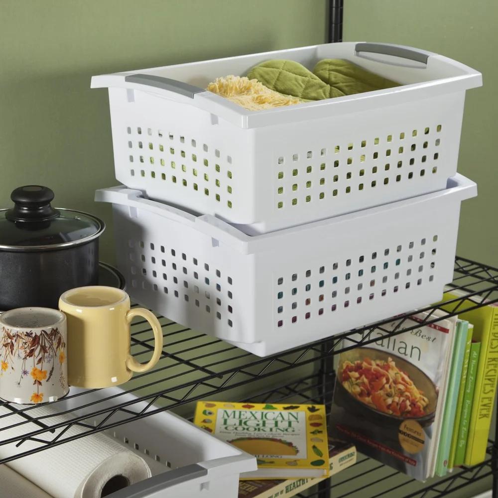 Stackable Open Plastic Bins Storage Baskets Home Organization Countertop Pantry Laundry Room Clutter Management Easy View