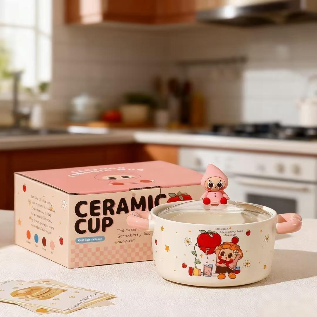 Creative personalized ceramic bowl with lid Children s household set High value large capacity ceramic tableware Cartoon souvenir ≈780ml