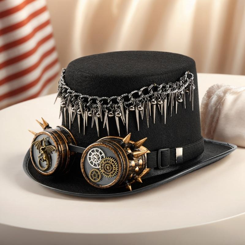 Steampunk Top Hat With Detachable Goggles Rivets Fringe Gear Decors Tall Hat For Halloween Costume Party Accessories
