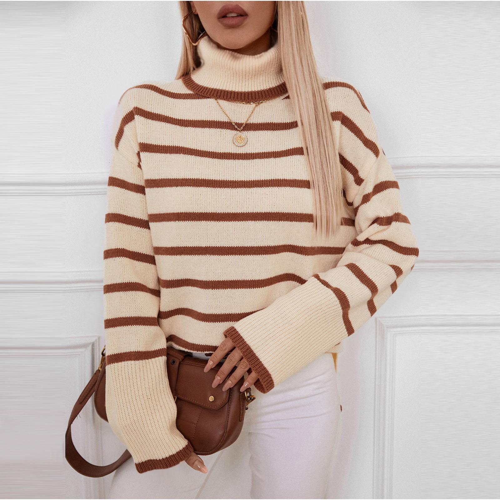 

Женский модный трикотажный полосатый свитер с лацканами L бежевый