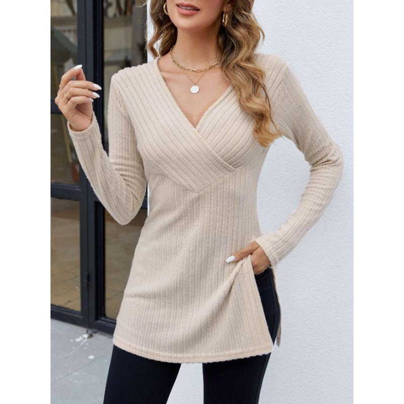 Women's Elegant Long-sleeve Striped Knit Top with V-neck T-shirt