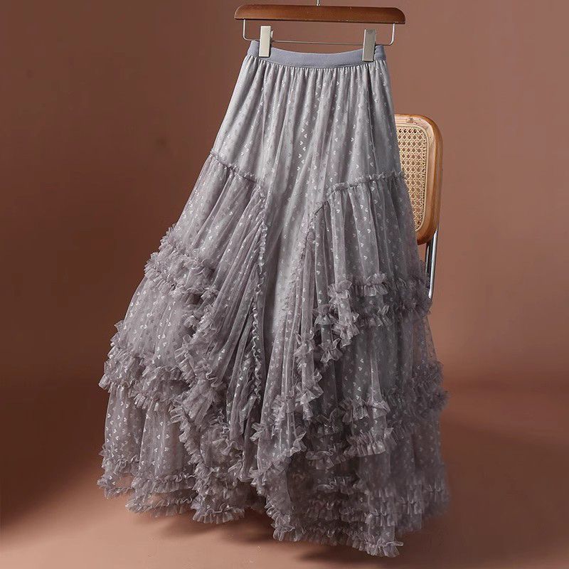 Qooth Plus Size Tulle Maxi Skirt Asymmetric Full Flare Tiered Skirt QT2731