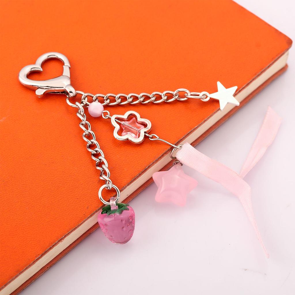 Exquisite Pink Strawberry Bow Keychain Y2k Fashion Star Flower Tassel Heart Keyring Phone Charm Pendant Beaded Chain Women Gift