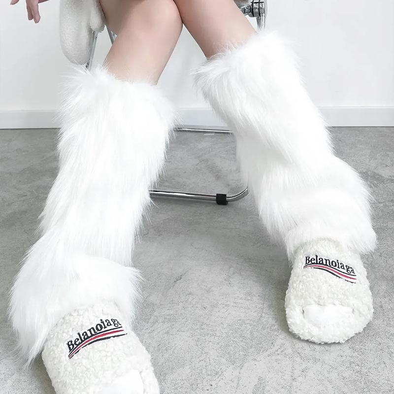 1 Paar Kunstpelz Plüsch Beinstulpen Damen Herbst Winter Thermisch Lange Socken Mädchen Mode Japanische Knielange Strümpfe One Size white