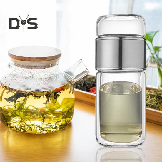 Tee-Ei-Flasche aus Glas, doppelschichtige Isolierung, tragbarer Reise-Teekocher mit Filter, 300 ml, auslaufsicherer Trinkbecher für Aktivitäten im Homeoffice und im Freien