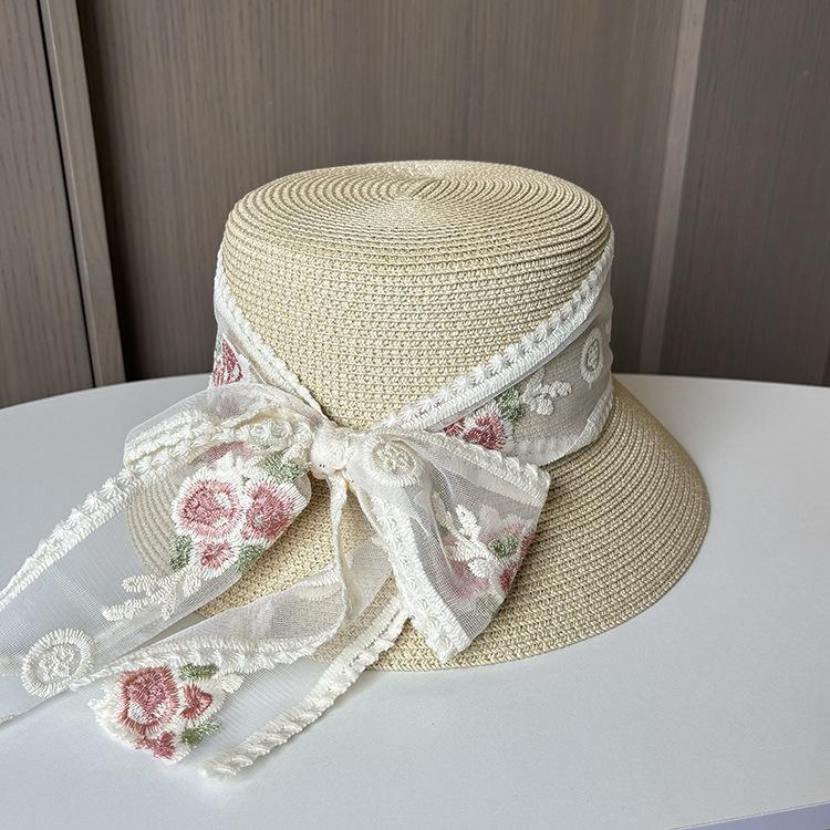 

Embroidered Lace Streamer Bow Straw Hat Women S Summer Face Covering Sunscreen Lampshade Hat Seaside Big Edge Beach Hat M（56-58cm） бежевий