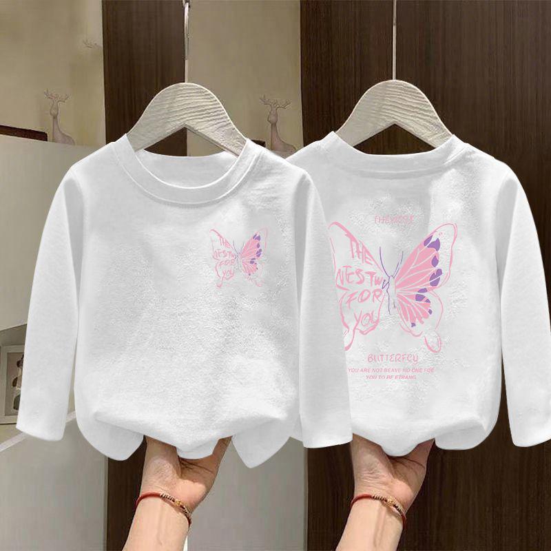 2025 New Girls' Pure Cotton White Base Layer Long Sleeve T-shirt for Spring & Autumn - Medium & Large Kids