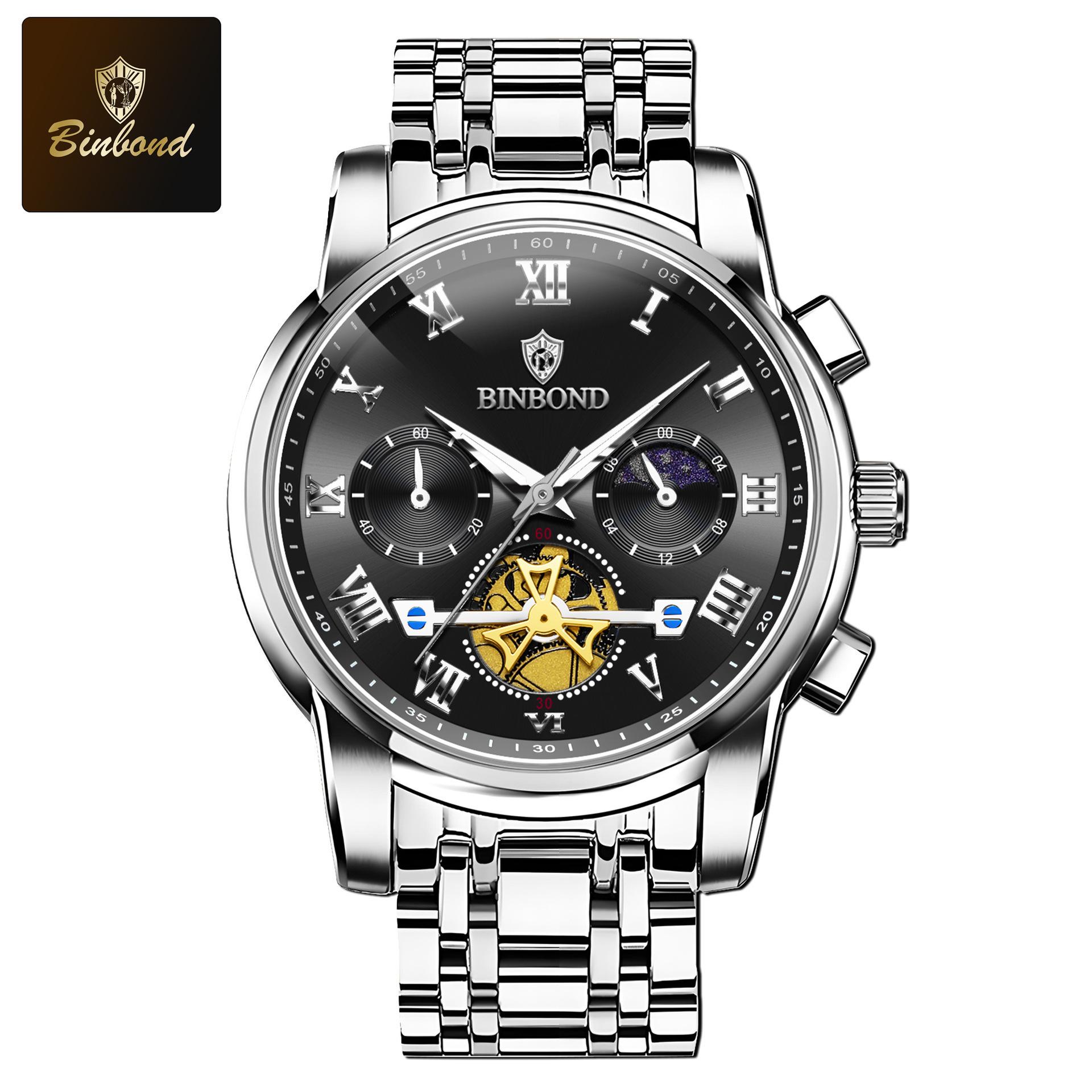 Binbang Men s Luminous Skeleton Waterproof Quartz Watch нержавеющая сталь - циферблата черный