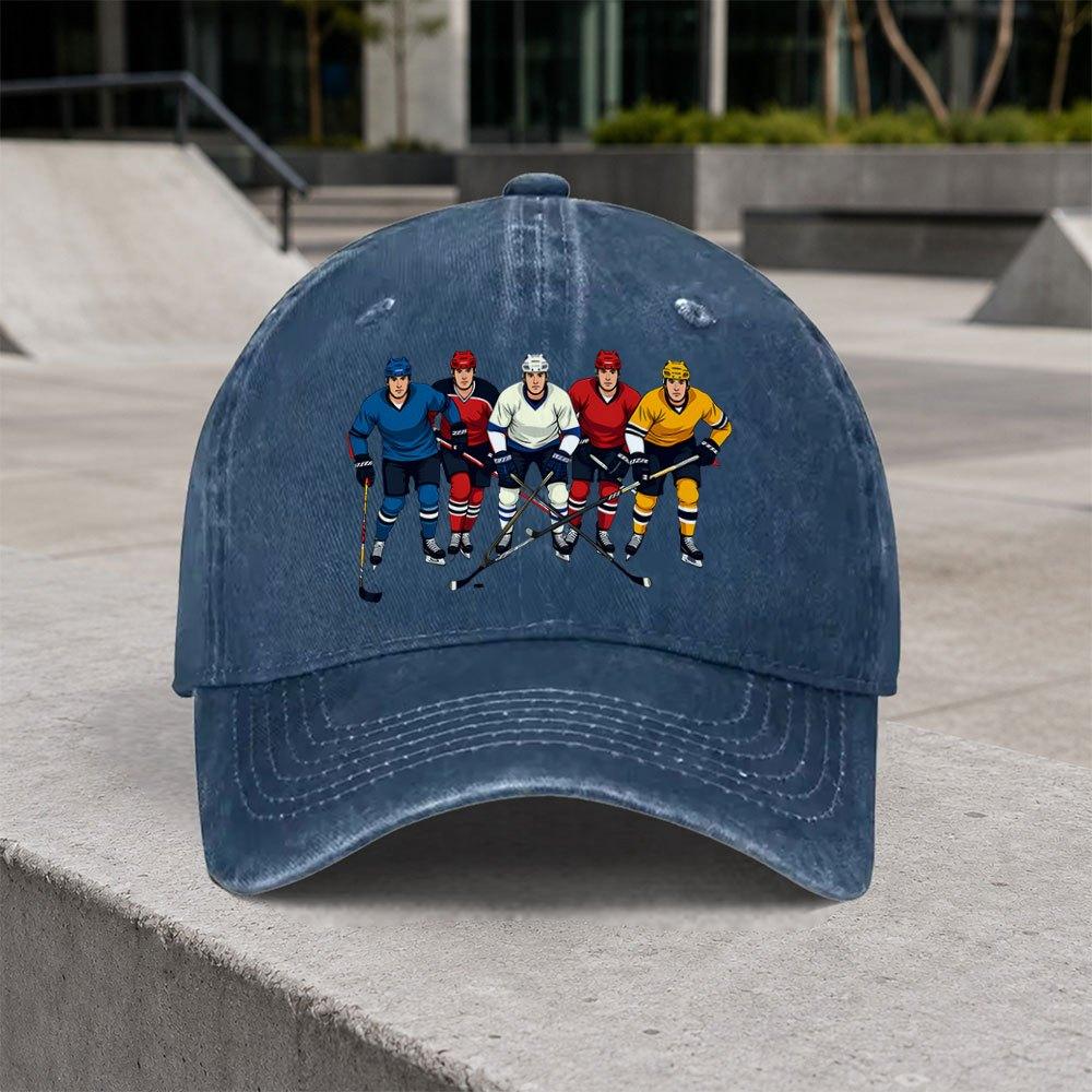 1pc Vintage Ice Hockey Cap Suitable For Men Women Adjustable Hook Loop Duckbill Hat With Retro Hockey Player Lightweight W