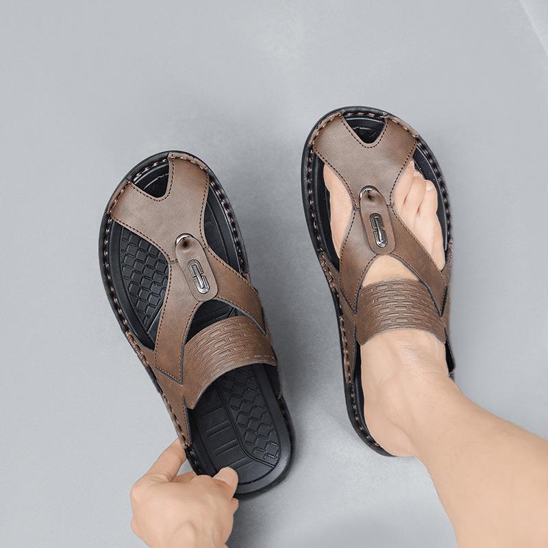 Plus Size Men's Slippers Summer New Wear Beach Toe Clip Flip Flops Men's Non-slip Leather Sandals
