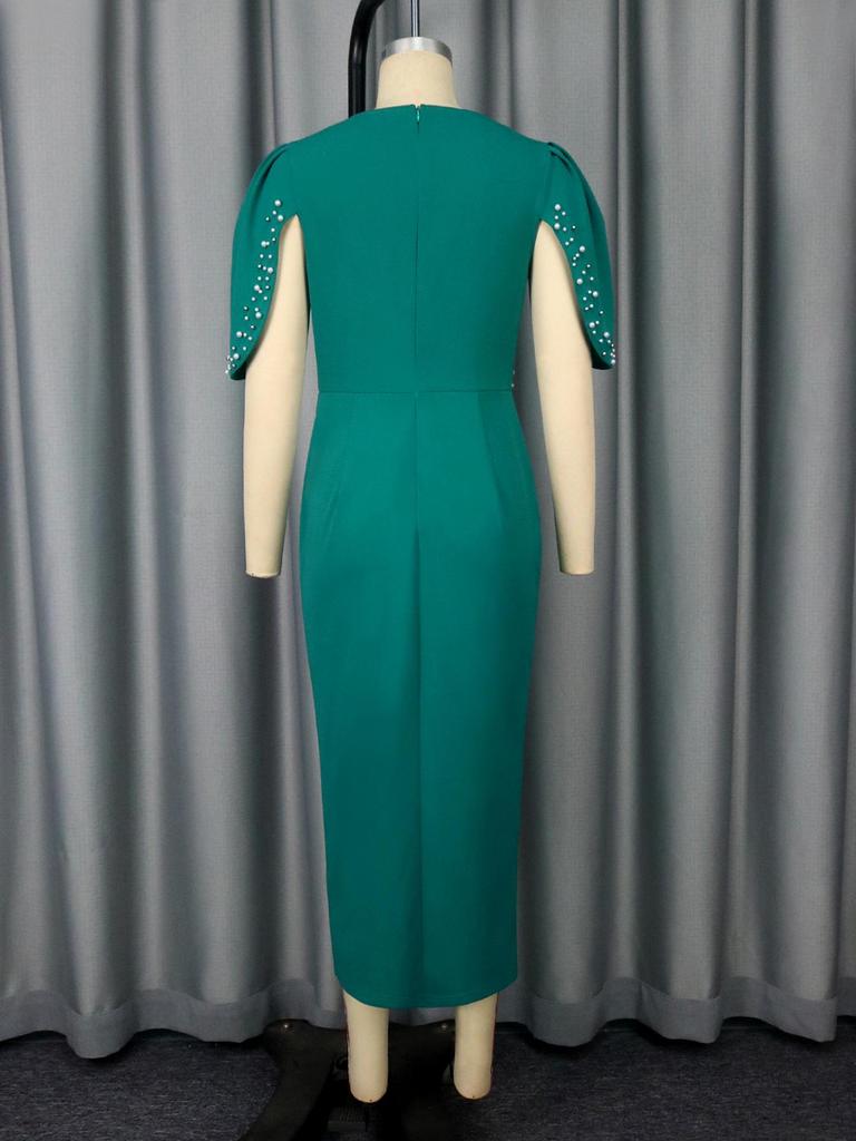 Vestido de Fiesta Elegante con Abertura, Perlas y Fruncidos para Mujer Tallas Grandes