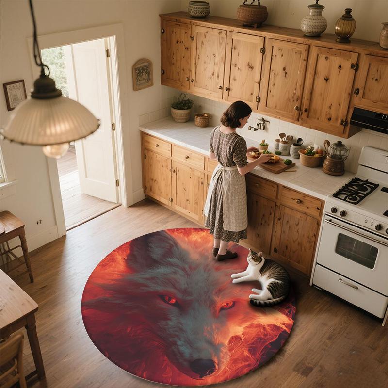 Flame Fox and Wolf,Round Area Rug,Carpet Rug for Living Room Bedroom Sofa Playroom Decor,Non-slip Floor Mat