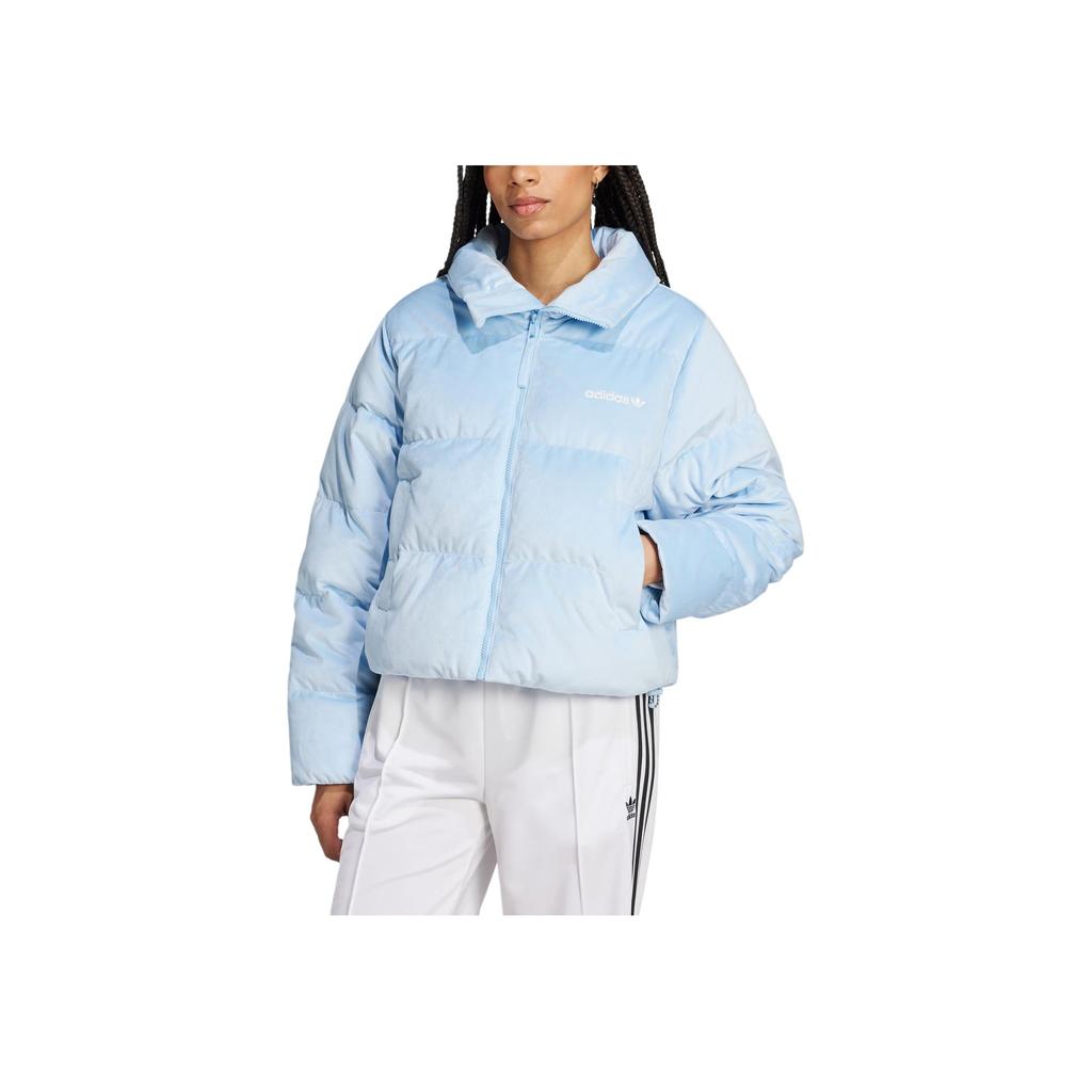adidas Originals Regendown Puffer Samt Stehkragen Einfarbig Kurze Jacke Daunenmantel Damenjacke Rosa Blau JH3600
