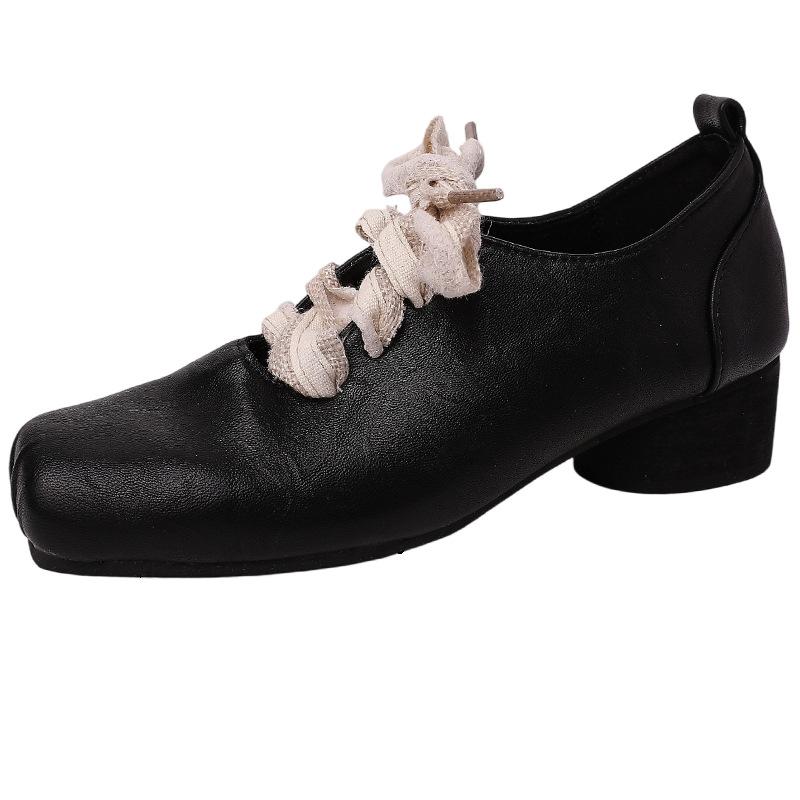 Retro versatile lace-up literary square head small leather shoes for women's 2025 summer new high-end thick heel front lace-up single shoes