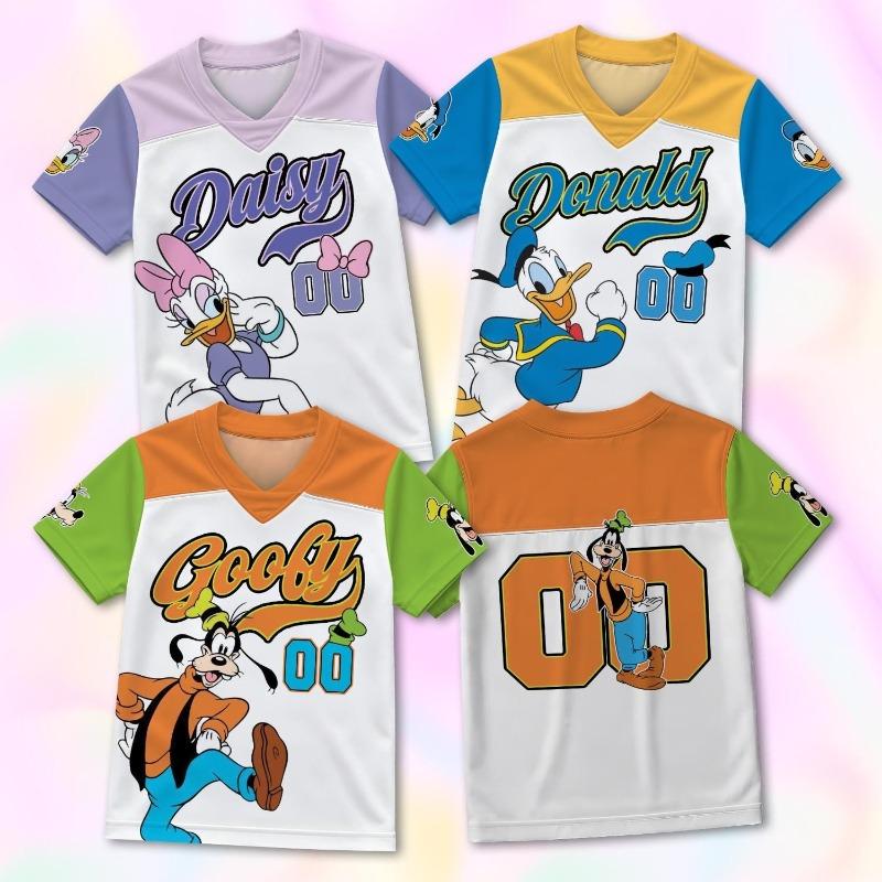Kids Cartoon Donald Daisy Goofy Print V‑Neck Football Jersey T‑Shirt Girl Short Sleeve Sport Top Casual Loose Children Sportwear