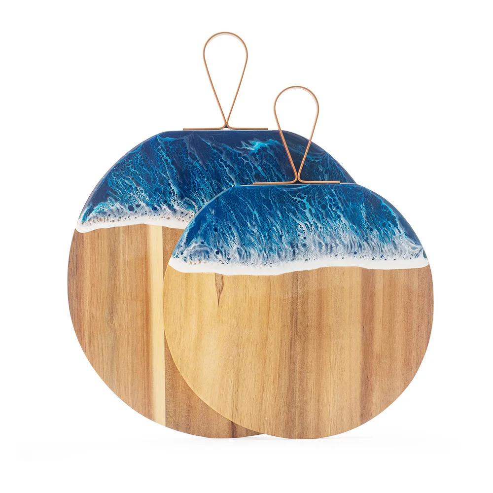 Wood and Resin Cutting Board Blue Ocean Wave Charcuterie Boards for Meat Round Epoxy Resin Wood Chopping Board Bread Cheese Tray