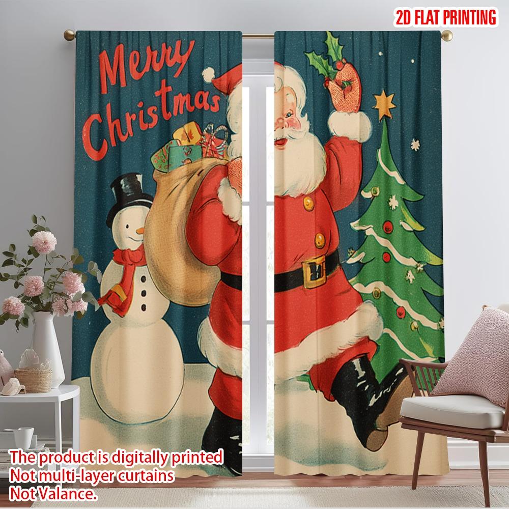 

2 шт., 2D плоская печать Занавеска Популярный винтажный Санта-Клаус со снеговиком и елкой Универсальный 100% полиэстер (без удилища) 52.50×116.00 CM 2pcs