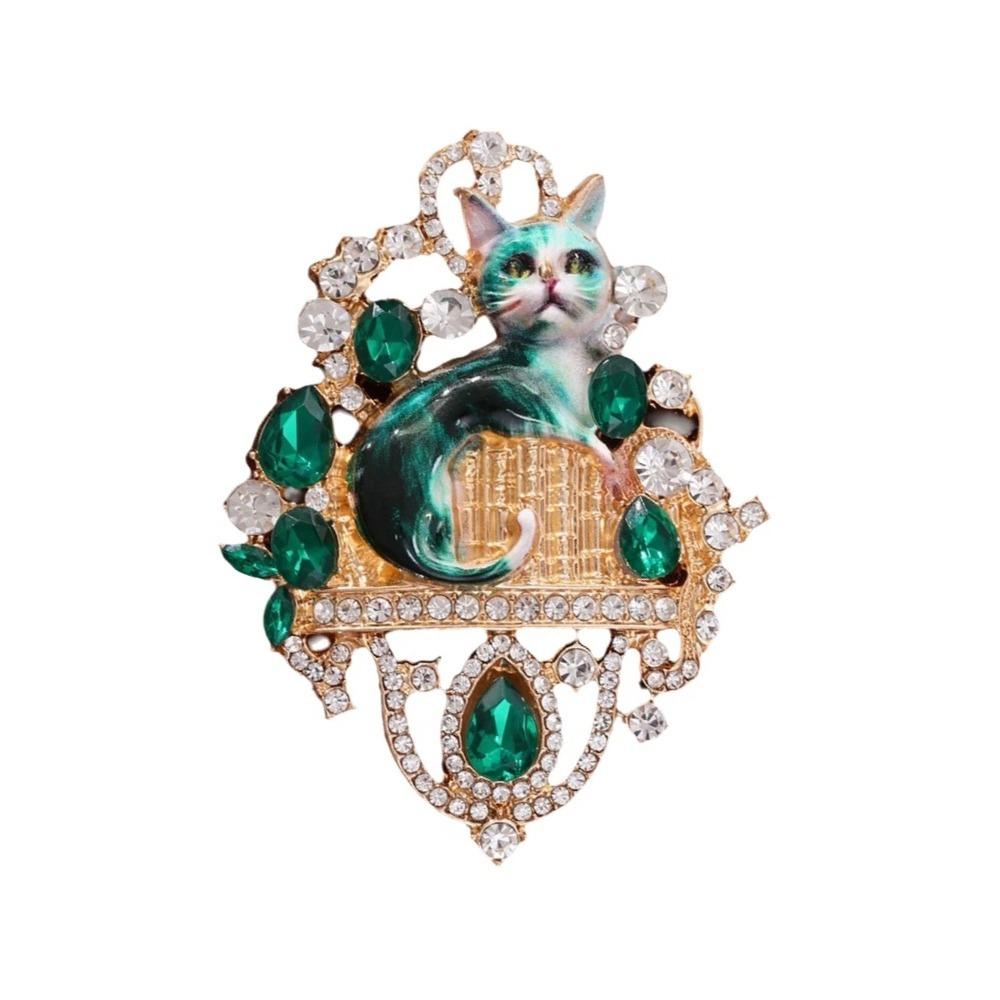 Vintage Enamel Cat Lapel Pin Exquisite Imitation Rhinestone Brooch Party Favors зелёный