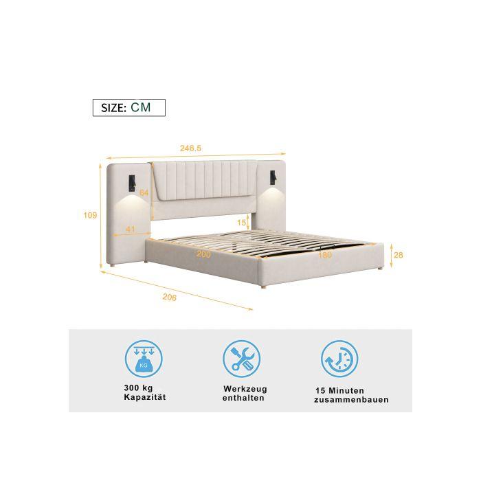 Lit rembourré - MUVOE - 180x200 cm - Beige - Dossier allongé - Lampes de lecture USB