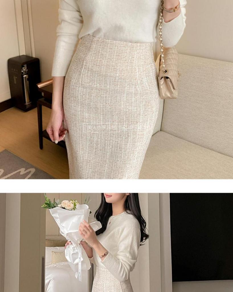 High-Waisted Tweed OL Midi Skirt - Autumn/Winter Hip-Wrap Style