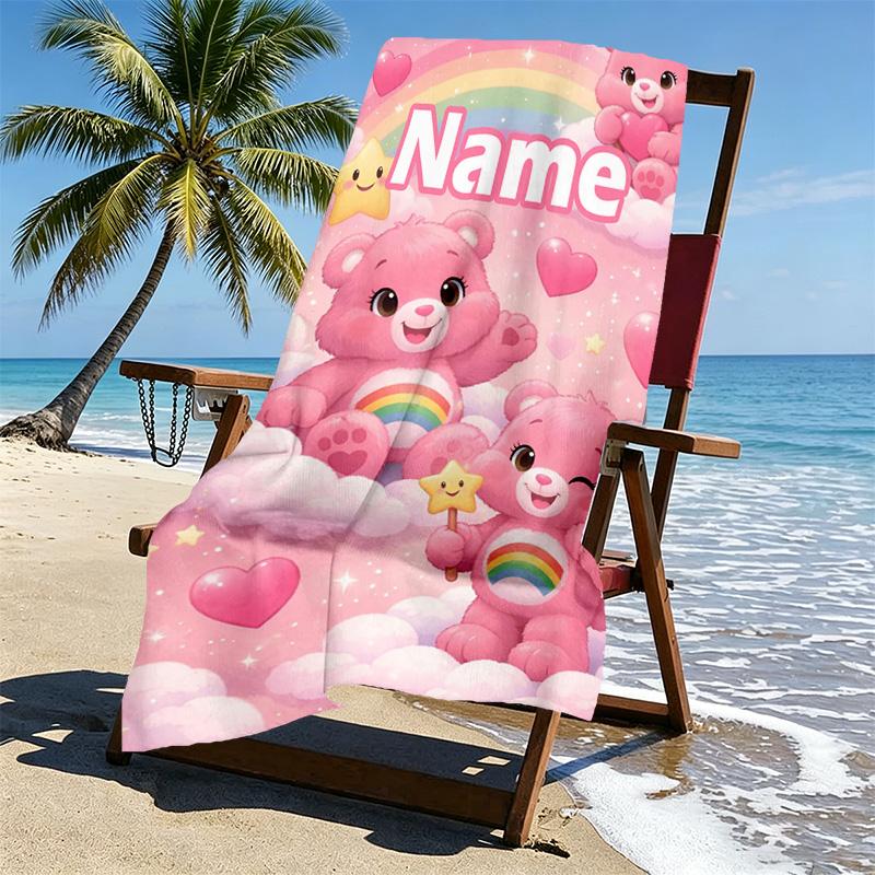 Custom Name Personalized Care Bears Print Beach Towel, for Trip Camping Beach Party Home Decor, Birthday Gift for Family & Friends