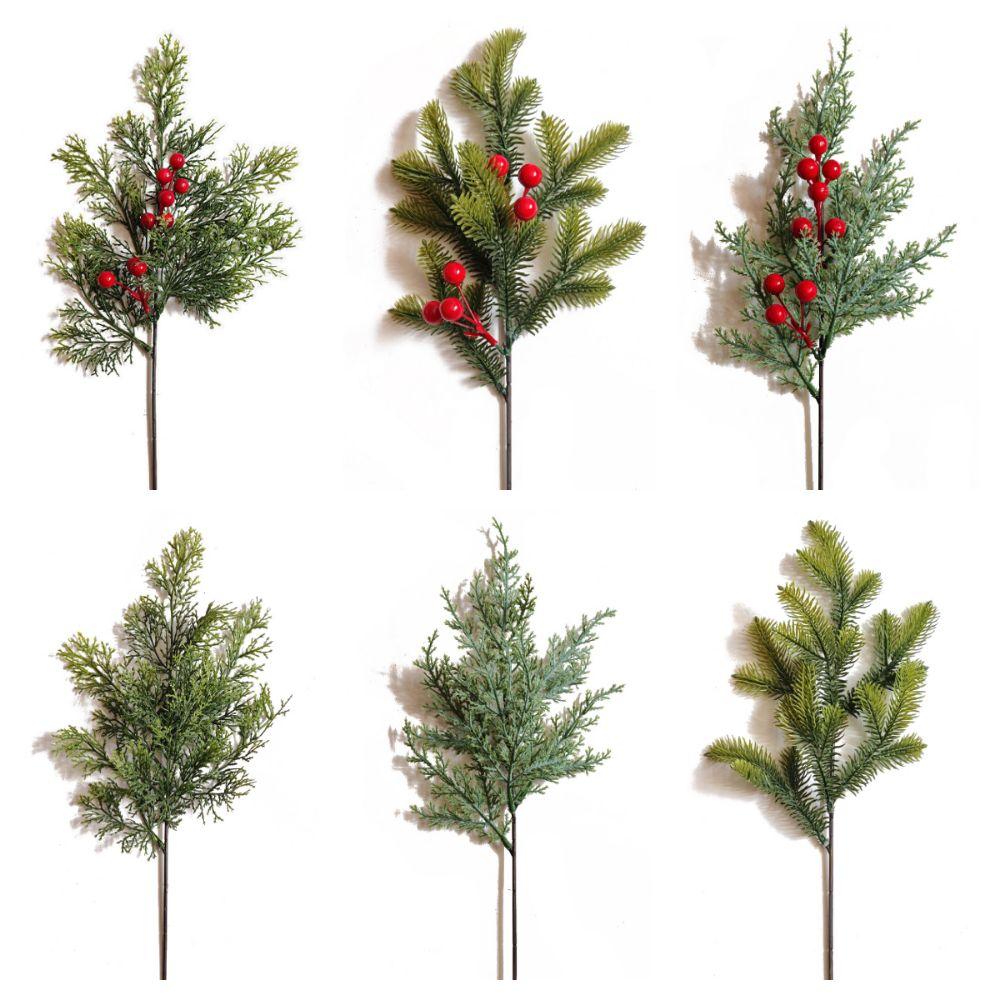 Green Artificial Pine Branch Plastic Christmas Tree Fake Red Berry Leaves Home Decoration Party Supplies Simulation Pine Needle