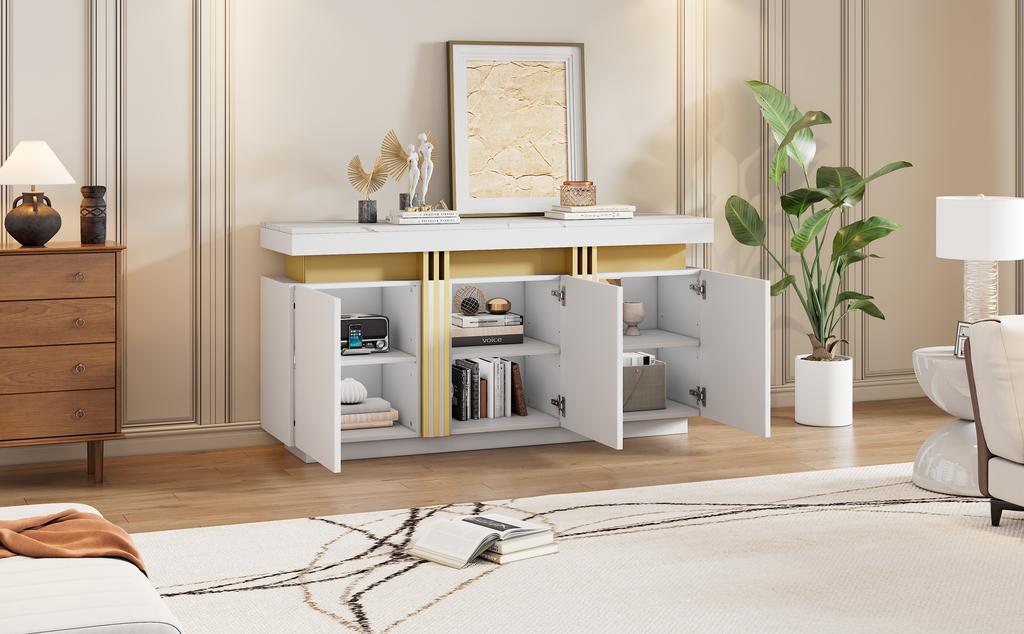 140*38*70cm Modern White Sideboard Display, 3 Doors, Dining Cabinet with Adjustable Dividers, Platinum Seams, Wide Handleless Compartments
