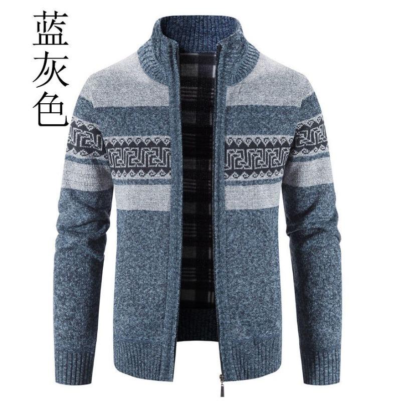 

Knitted Sweater Autumn Winter Thickened Velvet Warm Coat Trendy Stand Collar Jacket Striped Patchwork for Men L синий