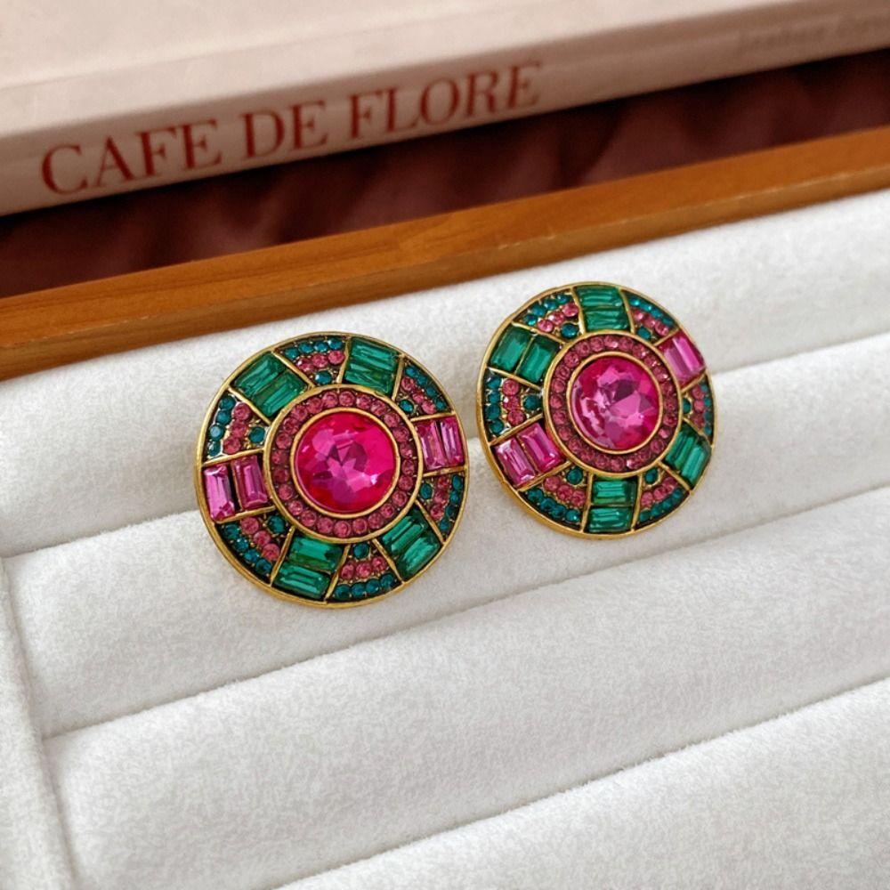 Retro Green Crystal Necklace Pink And Green Fashion Pendant Round Stud Earrings Wedding Party