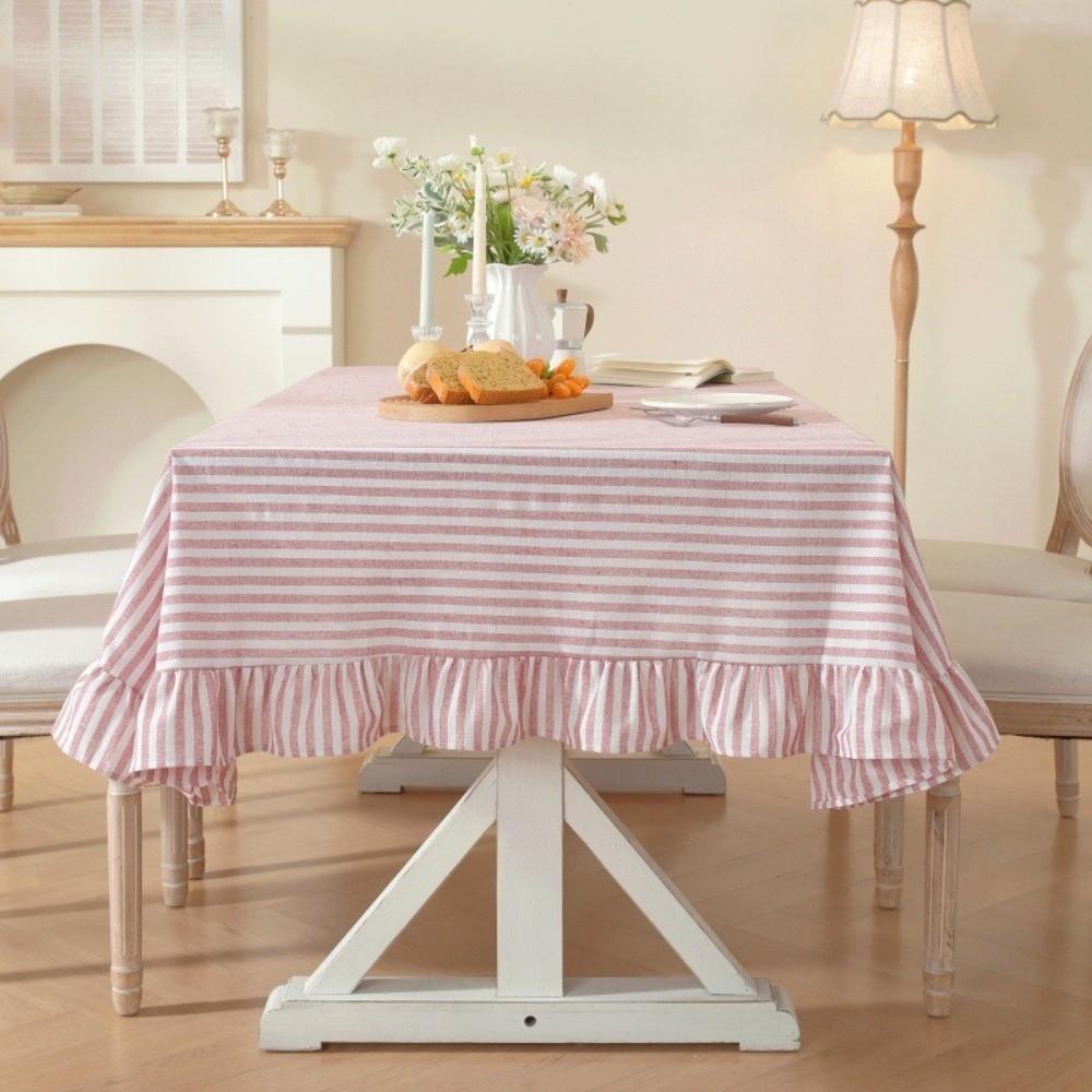 Vertical Striped Table Cover Washable Wrinkle-Resistant Farmhouse Tablecloth Ruffle Trim Striped Ruffle Tablecloth Dining Party