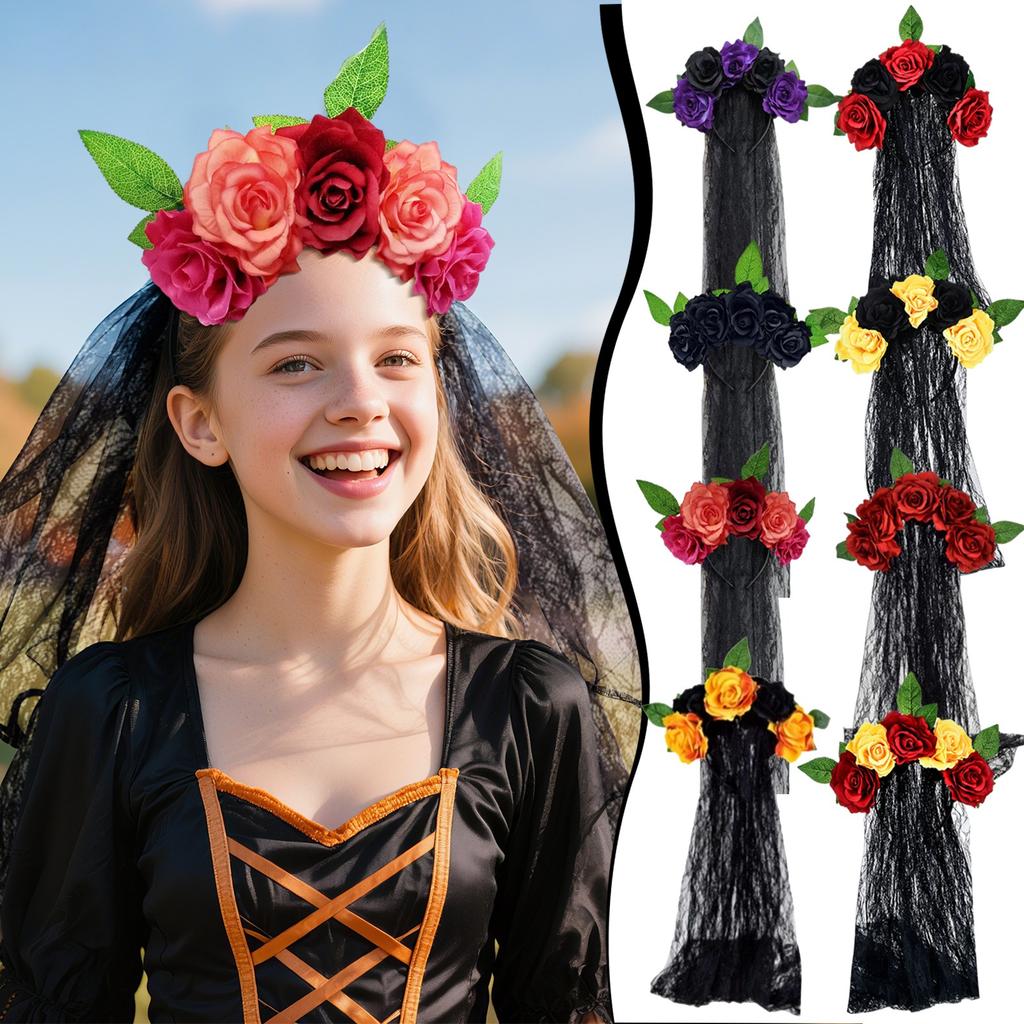Halloween Gothic Flower Garland With Black Veils Hairband Cosplay Wedding Headpiece Costume Headwear Accessory