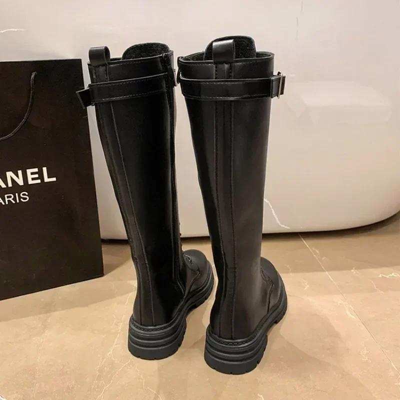 Fashion Women Combat Antumn 2024 Female High Platform Gothic Shoes Black Leather  Lace Up Women Knee High Boots