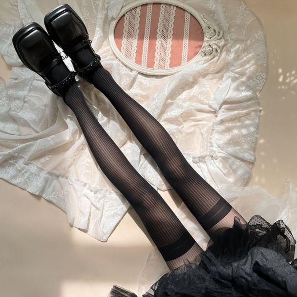 Japanese - Style Striped Stockings Vertical - Striped Fake Over - The - Knee Stockings Vertical - Striped Spliced Pantyhose Black - Silk Pantyhose