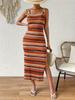 Summer Square Collar Stripe Side Slit Long Dress Women Bohemia Bodycon Dress Sexy Package Hips Sleeveless Tank Dresses Clothing