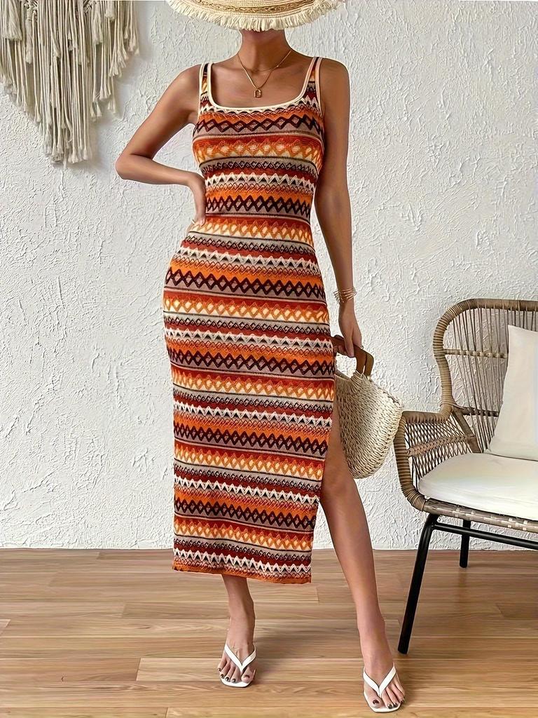 Summer Square Collar Stripe Side Slit Long Dress Women Bohemia Bodycon Dress Sexy Package Hips Sleeveless Tank Dresses Clothing