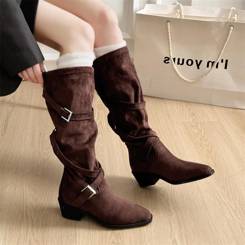 Soft Leather Version~ Retro Belt Buckle Thick Heel Boots But Knee Skinny Knight Boots Pointed Pleated Pile Boots Women
