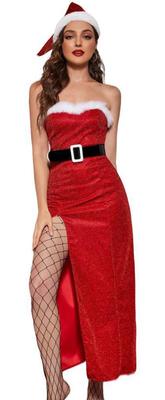 Shangki Santa Cosplay Tube Top Santa Claus Christmas Costume for Women, Sexy Red, Party Dress, Long Skirt, 3-Piece Set (Small)
