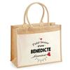 Beach Bag - PLANETEE - Jute with Pocket « Bazar D'une Bénédicte D'amour » - Printed Cotton France - 43x33 Cm - Shoulder Straps