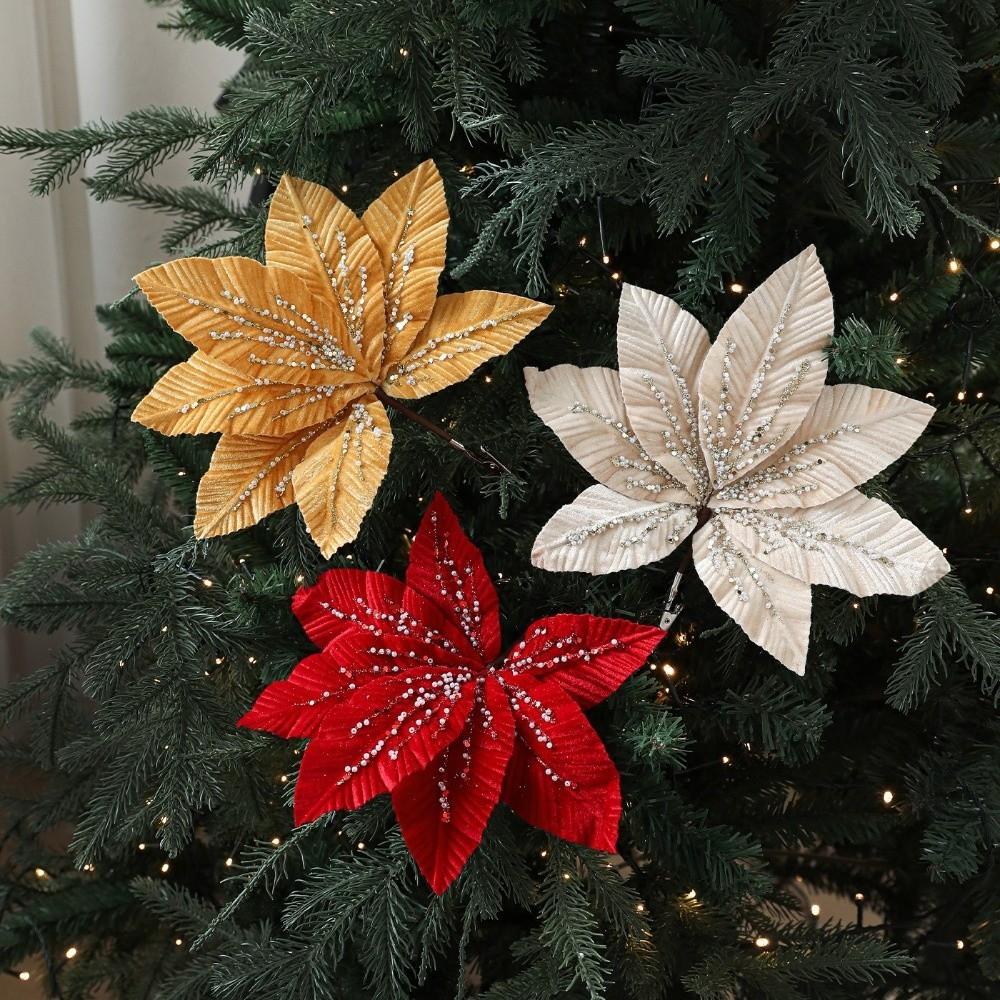 New 25CM Artificial Poinsettia Flower Sequins Sparkling Christmas Glitter Flower Glitter Simulation Flowers New Year Festival