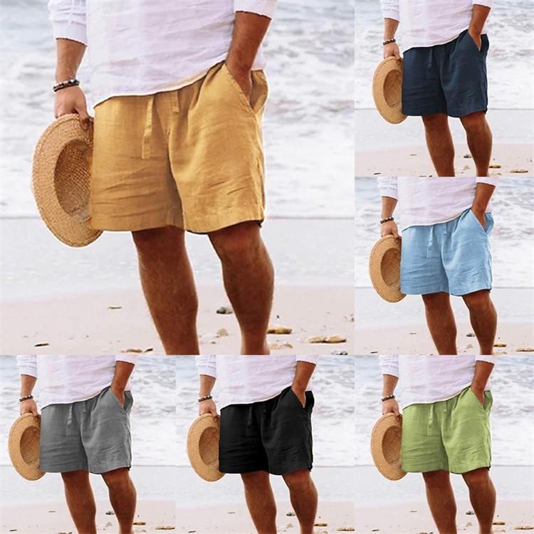 Men's 2025 Summer Cotton Linen Shorts: Elastic Waist, Straight Leg, Solid Color, Breathable, Casual Beach Mid-Shorts