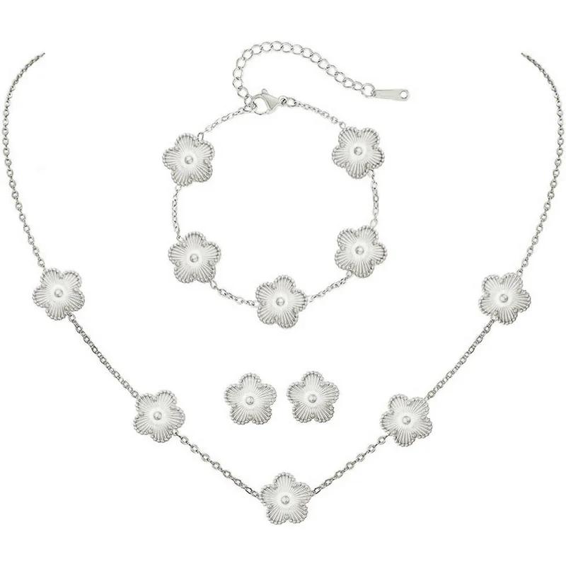 Conjunto de Joias Trevo Cor Prata para Mulheres Aço Inoxidável Hipoalergênico À Prova D'água Brincos Flor Colar Corrente Pulseira Novo