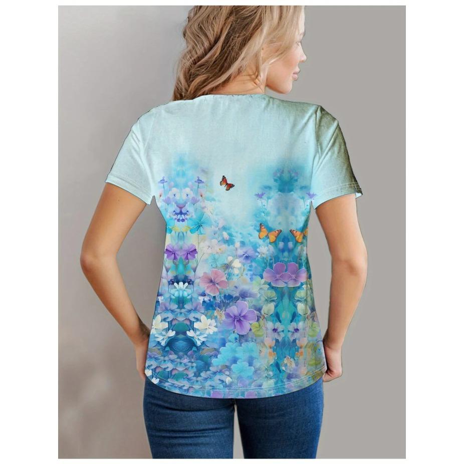 Damski T-shirt Wzór Motyla i Kwiatów Nadruk - Wygodny Krótki Rękaw Okrągły Dekolt Moda Druk 3D