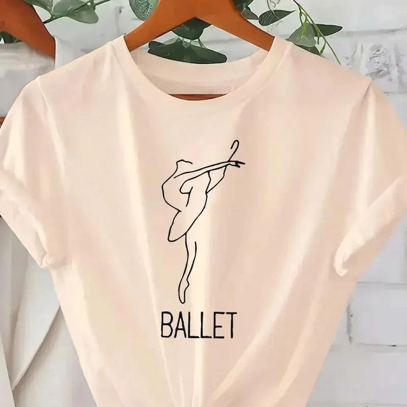 Damen Elegantes Grafisches T-Shirt im Ballett-Thema Lässiges Kurzarm-Rundhals-T-Shirt mit tanzender Figur Design Ballettänzerin T-Shirt
