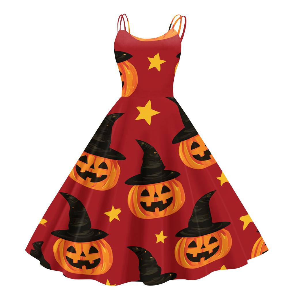 Women's Fashion Off-Shoulder Flared Dress with Halloween Print, Vintage